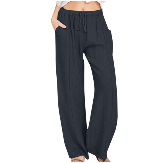 Juslio Pants for Women High Waist with Pockets Casual Elastic,Waist Linen Straight Leg Pants XL