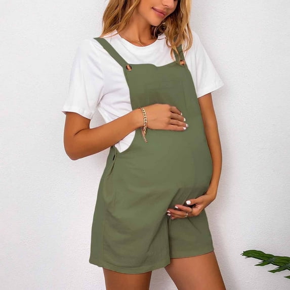 Juslio Maternity Shorts Pregnant Solid Color Maternity Adjustable Waist Solid Color Shoulder Strap Jumpsuit Womens Shorts M Green