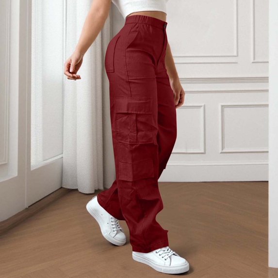 Juslio Pants for Women with Pockets Elastic Bottom Button Cargo Pants Comfortable Elastic Waist Straight Pants