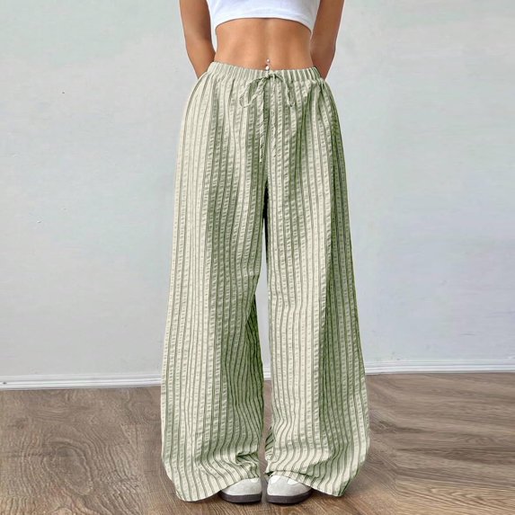 Juslio Pants for Women with Pockets Lace-up Striped Casual Comfortable High Waist Straight Pants