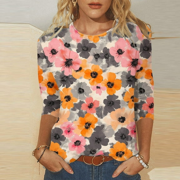 Juslio Plus Size Tops Women Shirts 3/4 Sleeve Flowers Crew Neck Casual Blouses Multicolor XL
