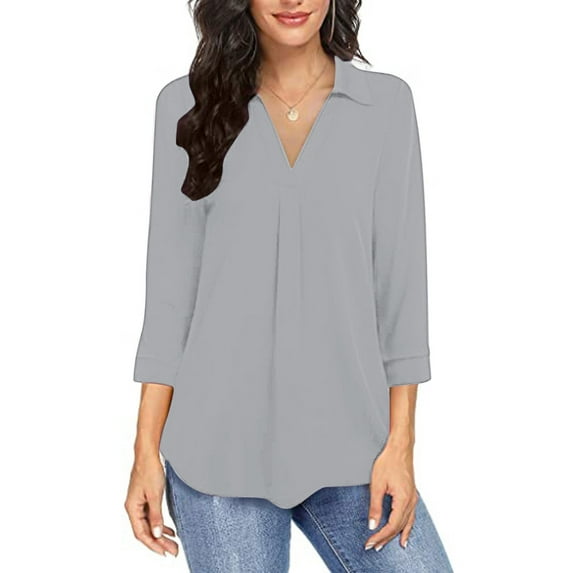 Juslio Plus Size Tops Women Shirts 3/4 Sleeve Solid Color Tops V Neck Casual Blouses Gray L(US:8)