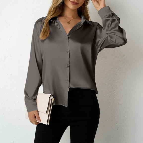 Juslio Blouses for Women Long Sleeve Button Down Shirts V Neck Satin Business Work Blouses Tops M