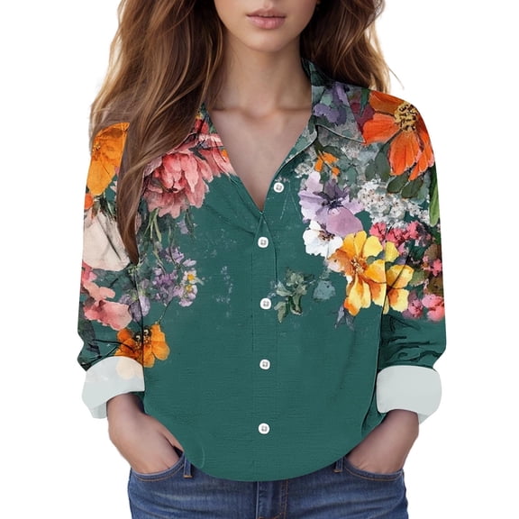 Juslio Blouses for Women Long Sleeve Shirts Button Casual V-Neck Tops Blouses Multicolor L