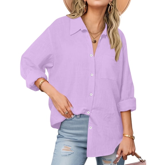 Juslio Blouses for Women Long Sleeve Shirts Button V Neck Casual Blouses Purple L