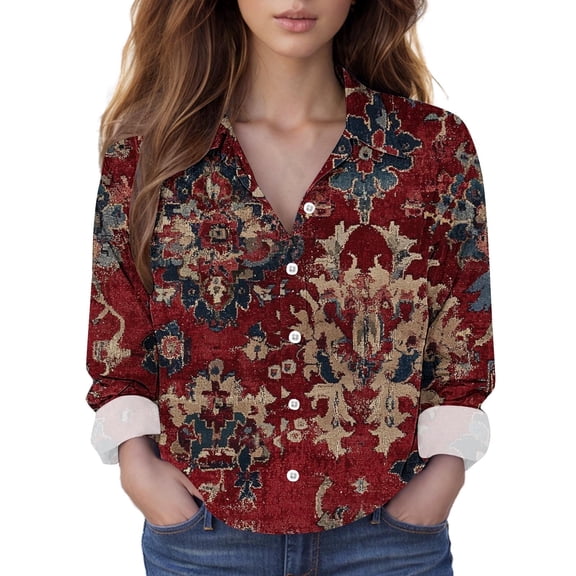 Juslio Blouses for Women Long Sleeve Shirts Button V-Neck Casual Blouses Multicolor M