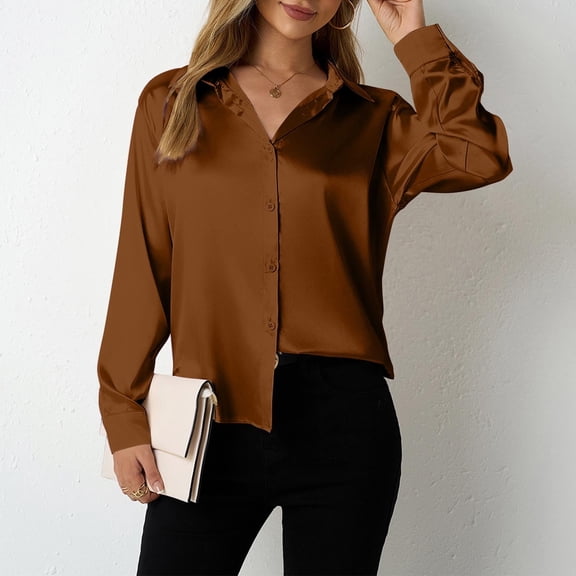 Juslio Blouses for Women Long Sleeve Button Down Shirts V Neck Satin Business Work Blouses Tops XL