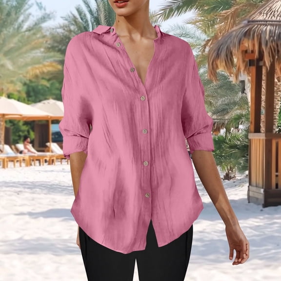 Juslio Blouses for Women Long Sleeve Shirts Button Tops V Neck Casual Blouses Pink S