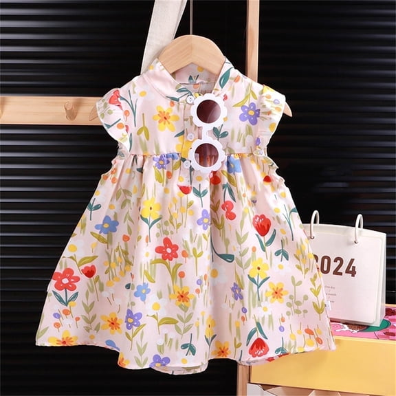 Juslio Dresses for Girls Toddler Kids Flower Clothes Sleeveless Print summer Yellow Girl Dress