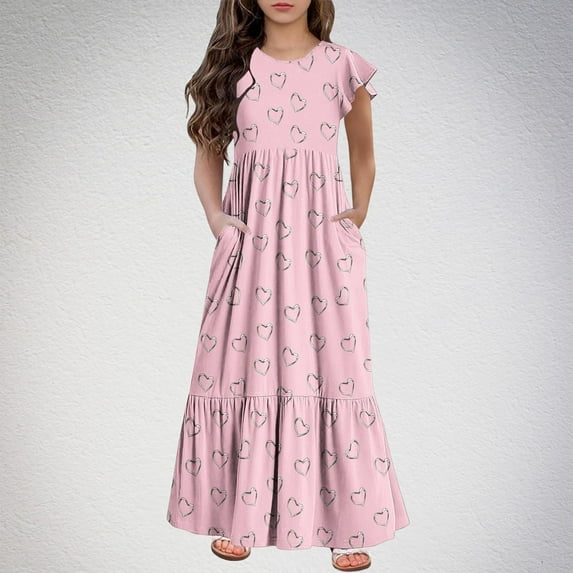 Juslio Dresses for Girls Round Neck Kids Flower Clothing Short Sleeve Print Girl Dress