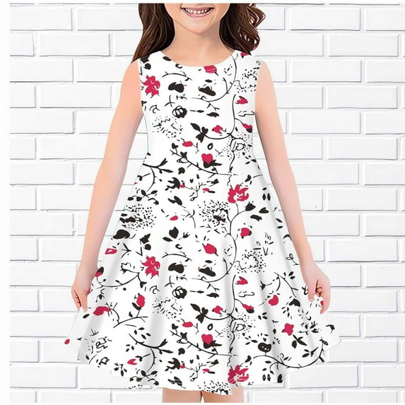 Juslio Girls Dresses Black A-Line Drop Shoulder Clothes Sleeveless Print Little Girl Dresses 13 Years Black
