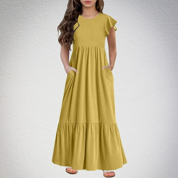 Juslio Dresses for Girls Sundress Kids Clothes Solid Casual Round Neck Pleated Ruffle Yellow Girl Dress