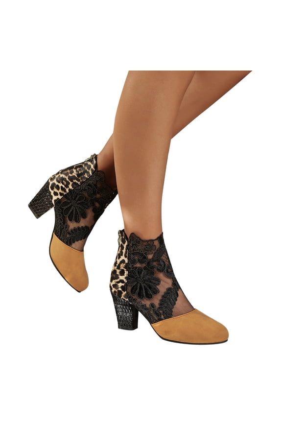 Shoes for Women Spring Leopard Pattern New Lace Mesh Summer High Heels Back Zipper Large Cool Boots