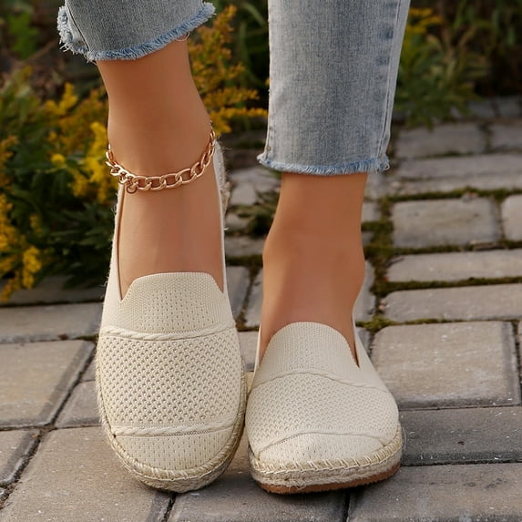Juslio Shoes for Women Casual Breathable Hollow Knitted Solid Color Round Toe Flying Woven Flat Sole Shoes