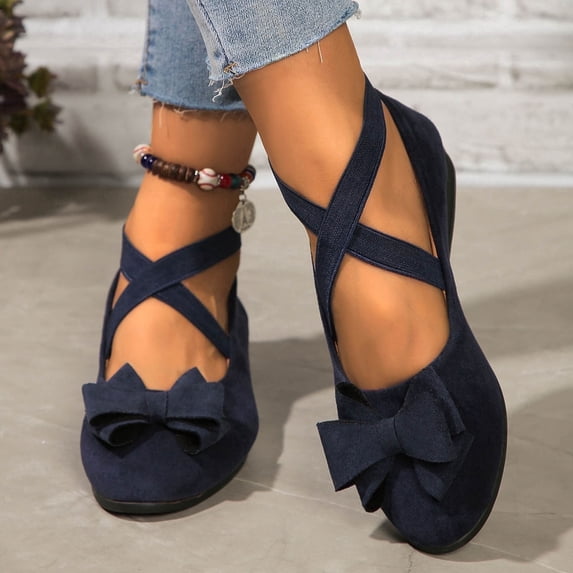 Juslio Shoes for Women Bow Lacing Round Head Low Heel Low Heel Slope Shoes