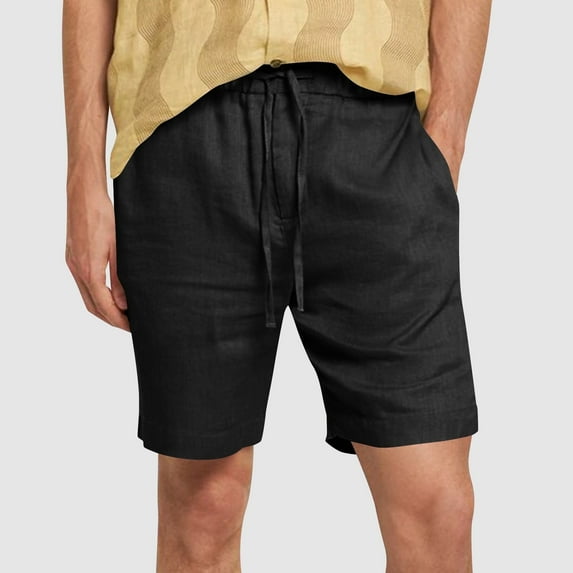 Juslio Shorts for Men Lace-up Pockets Loose Comfy Cotton Linen Solid Casual Mens Cargo Shorts