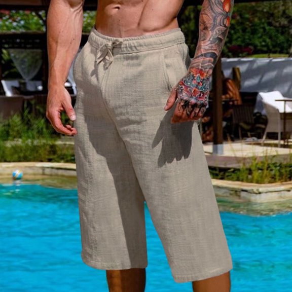 Juslio Shorts for Men Straight Leg Loose Comfy Cotton Linen Solid Casual Pockets Mens Cargo Shorts