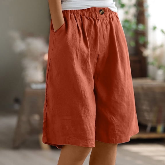 Juslio Shorts for Women Elastic Waist Casual Pockets Loose Comfy Cotton Linen Solid Womans Shorts