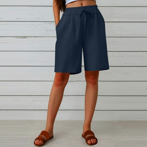 Juslio Shorts for Women Elastic Waist Casual Pockets Loose Comfy Cotton Linen Solid Womans Shorts