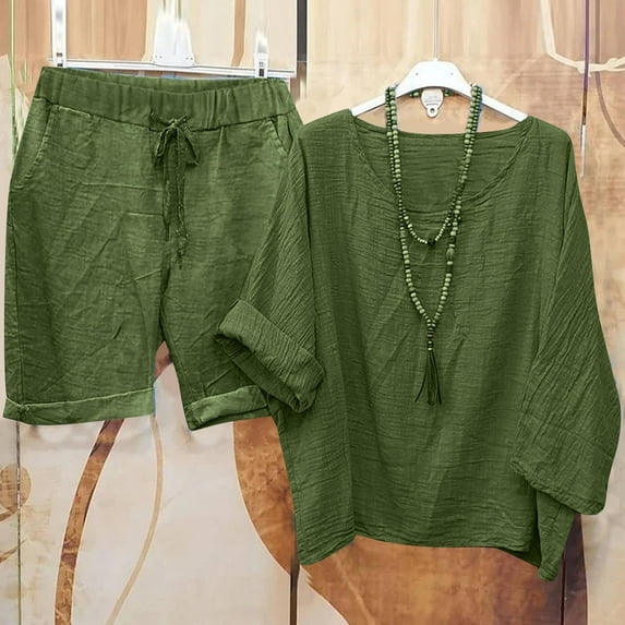 Juslio Shorts for Women Elastic Waist Loose Comfy Cotton Linen Solid Casual Pockets Womans Shorts