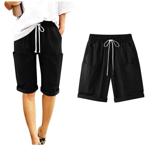 Juslio Shorts for Women Fashion Sporty Casual Breathable Linen Drawstring with Pockets Black Shorts