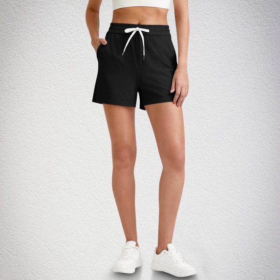 Juslio Shorts for Women Fashion Sporty, Ribbed Breathable Solid Drawstring with Pockets Black Shorts