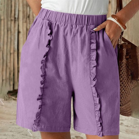 Juslio Shorts for Women Ruffle Casual Pockets Loose Comfy Cotton Linen Solid Womans Shorts