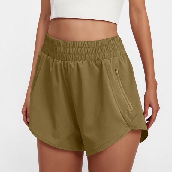 Juslio Shorts for Women Solid Zipper, Sporty Casual Breathable Elastic Waist Yoga Coffee Shorts