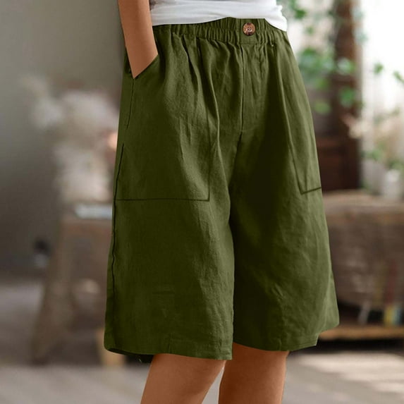 Juslio Shorts for Women Straight Leg Loose Comfy Cotton Linen Solid Casual Pockets Womans Shorts