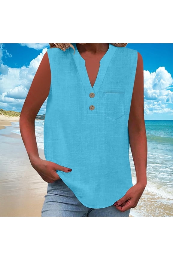 Tank Tops for Women Button Casual V-Neck Tank Tops Breathable with, Pockets Solid Color Tank Top