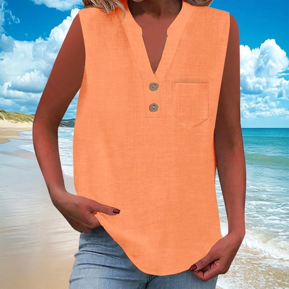 Juslio Tank Tops for Women Button Casual V-Neck Tank Tops Breathable with, Pockets Solid Color Tank Top