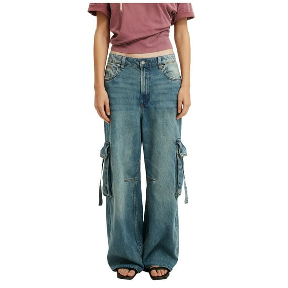 Juslio Women Cargo Wide Leg Jeans Casual High Waist Multiple Pocket Blue Jeans