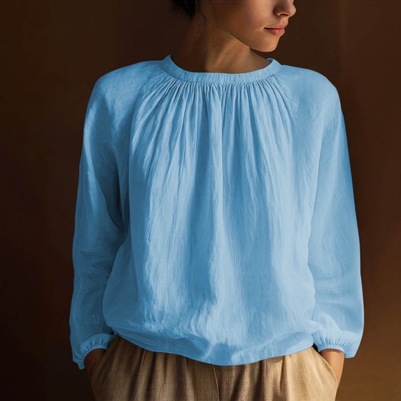 Juslio Women Crew Neck Ruched Tops Solid Color Comfortable Loose Light Blue Long Sleeve Shirts
