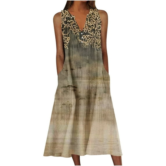 Juslio Women Dress Plus-size Casual Sleeveless V Neck Pleated Print Womens Dresses Multicolor S