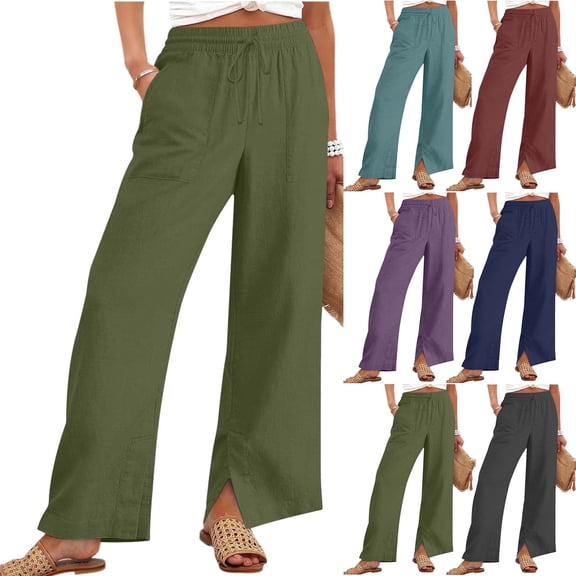 Juslio Women Linen Pants Elastic Waist Side Opening Linen High Waist Casual with Pockets Straight Leg Pants