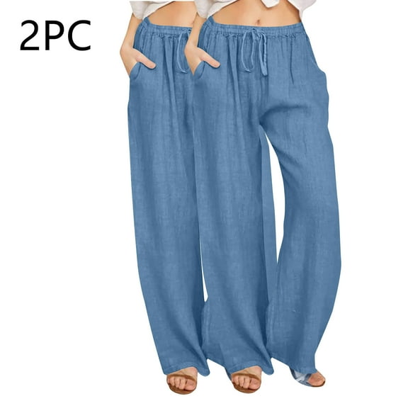 Juslio Women Linen Pants High Waist Loose Drawstring Casual Linen Wide Leg Pants 2XL
