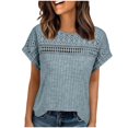 thumbnail image 1 of Juslio Women Openwork Short Sleeve Shirts Crew Neck Comfortable Loose Light Blue Patchwork Lace Tops, 1 of 9