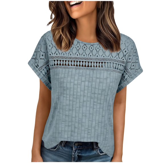 Juslio Women Openwork Short Sleeve Shirts Crew Neck Comfortable Loose Light Blue Patchwork Lace Tops