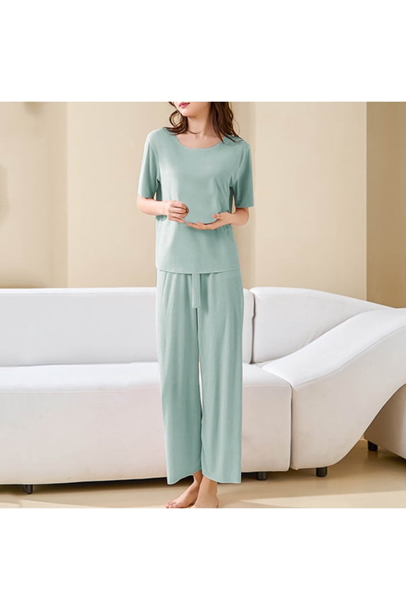 Women Pajamas Ice Silk Fashion Casual Short Sleeve Tops and Pants Homewear 2 Piece Matching Pajamas Sets L