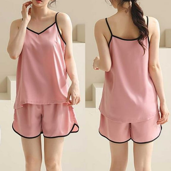 Juslio Women Pajamas Solid Fashion Halter V-Neck Tank Tops and Shorts Homewear 2 Piece Matching Pajamas Sets L