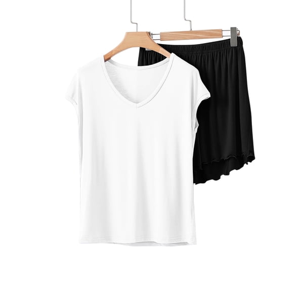 Juslio Women Pajamas Solid Fashion Modal Crewneck Tops and Shorts Homewear 2 Piece Matching Pajamas Sets L