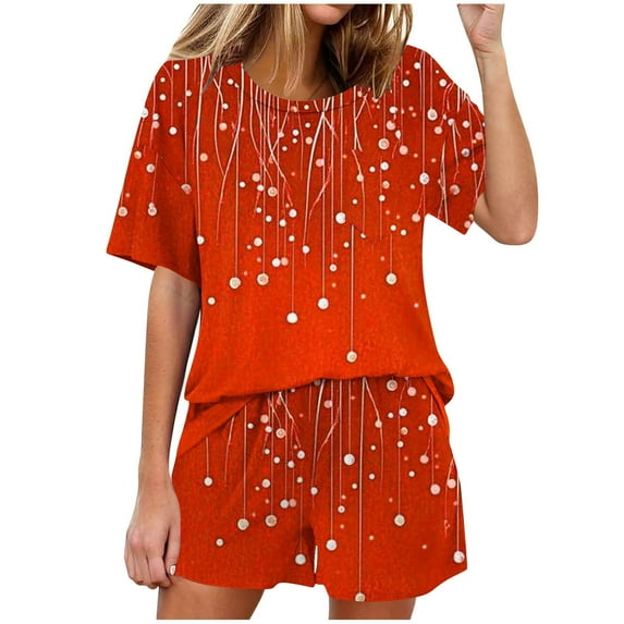 Juslio Women Pajamas with Pockets Fashion Print Crewneck Tops and Shorts Homewear 2 Piece Matching Pajamas Sets M