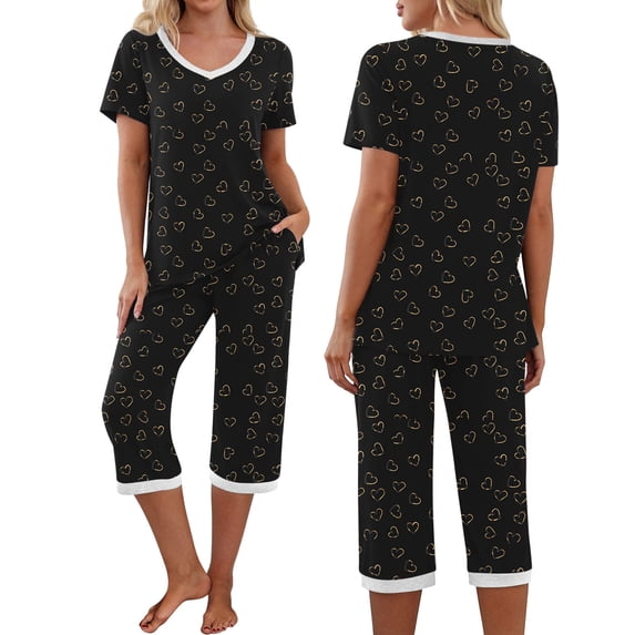 Juslio Women Pajamas with Pockets Fashion Print V-Neck Tops and Capris Homewear 2 Piece Matching Pajamas Sets L