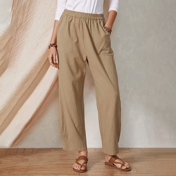 Juslio Women Pants Casual Khakis Elastic Waist Linen High Waist with Pockets Wide Leg Pants 2XL