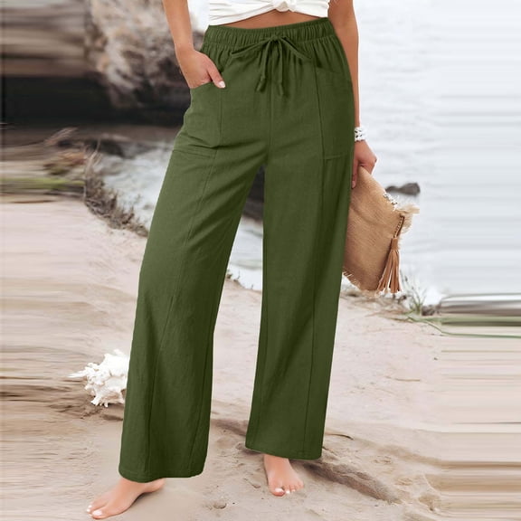 Juslio Women Pants Casual Side Opening Drawstring Linen High Waist with Pockets Straight Leg Pants L