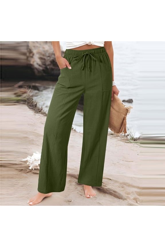 Women Pants Casual Side Opening Drawstring Linen High Waist with Pockets Straight Leg Pants L