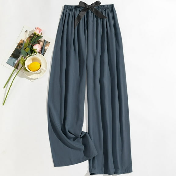 Juslio Women Pants Casual Solid Elastic Waist Cotton High Waist Wide Leg Pants Free Size