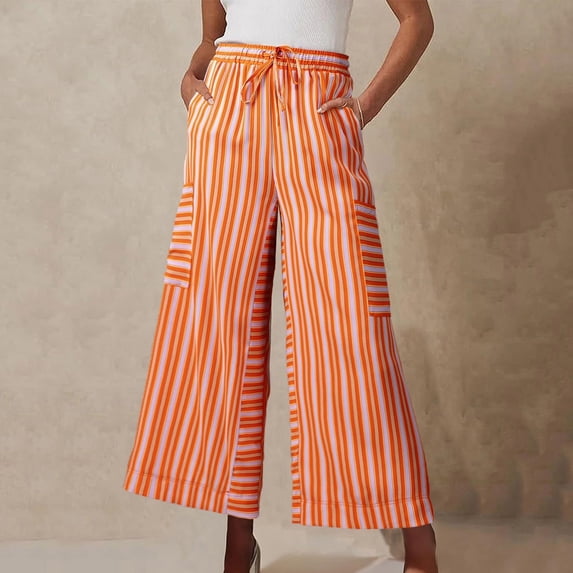 Juslio Women Pants Casual Striped Comfortable High Waist with Pockets Wide-Leg Pants