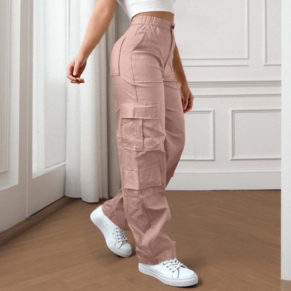 Juslio Women Pants Comfortable Elastic Bottom Button Elastic Waist with Pockets Cargo Pants Straight Pants