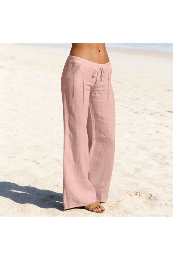 Juslio Women Pants Comfortable Linen Ruched Bottom High Waist with Pockets Drawstring Straight Pants